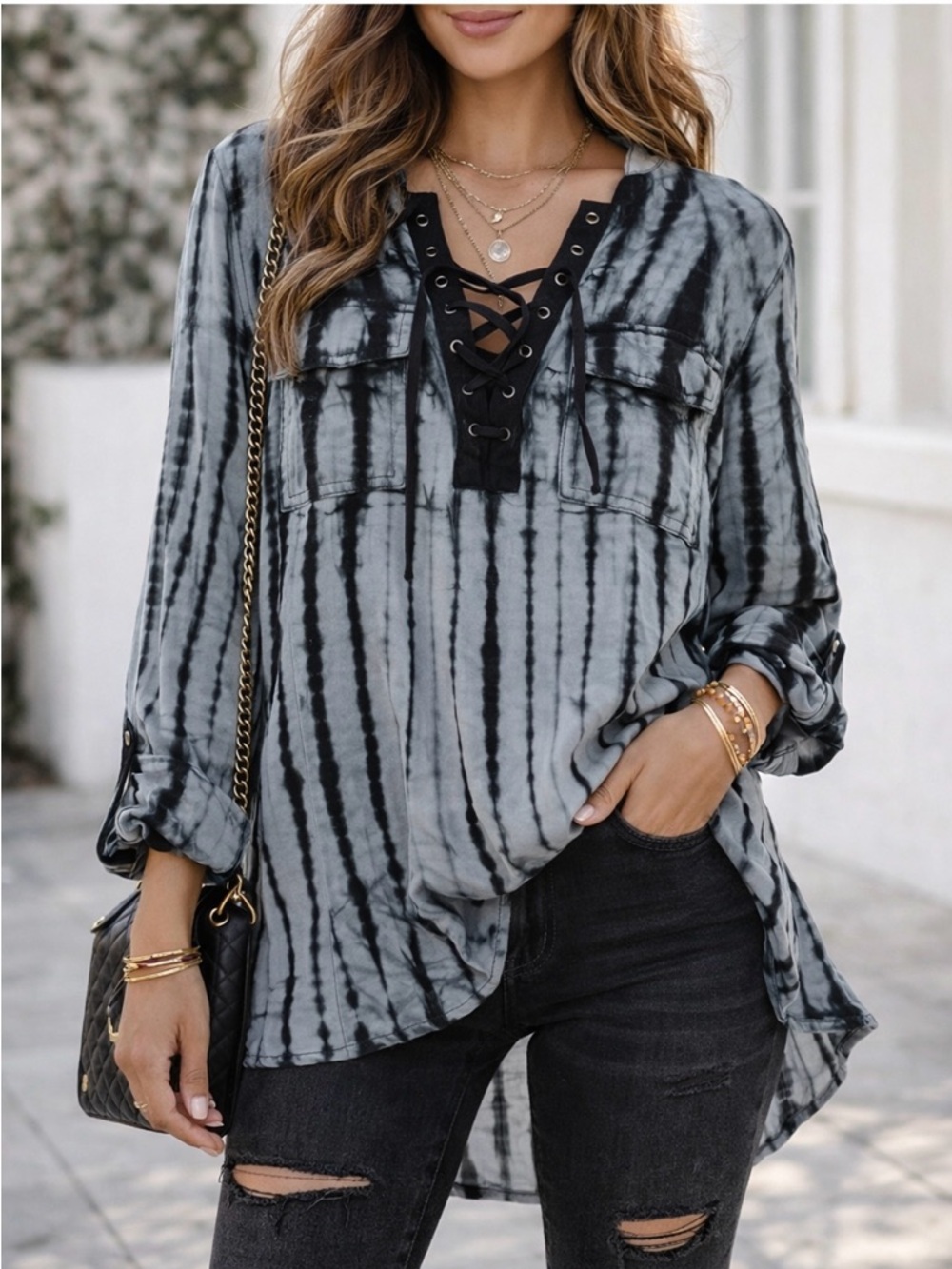 Rock & Republic Tie Dye Lace-Up Tunic 🔥 Hi-Low Blouse | Edgy Boho Top